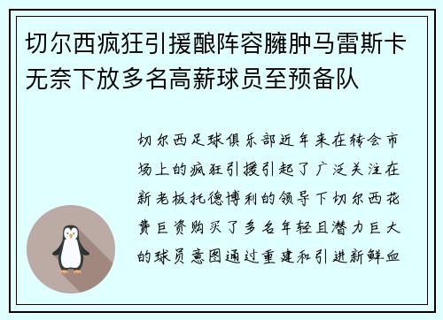 切尔西疯狂引援酿阵容臃肿马雷斯卡无奈下放多名高薪球员至预备队